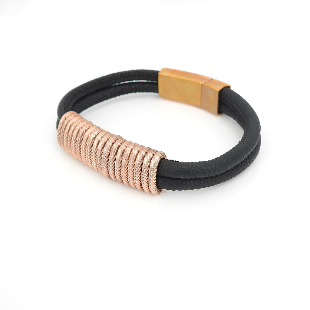 Rose Gold Stainless Steel & Leather Bracelet