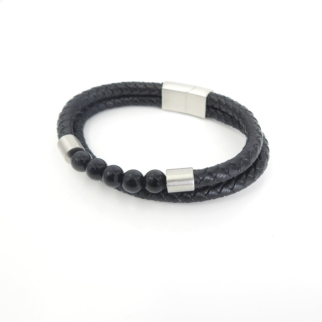 Stainless Steel & Braided Leather w/ Black Beads Bracelet