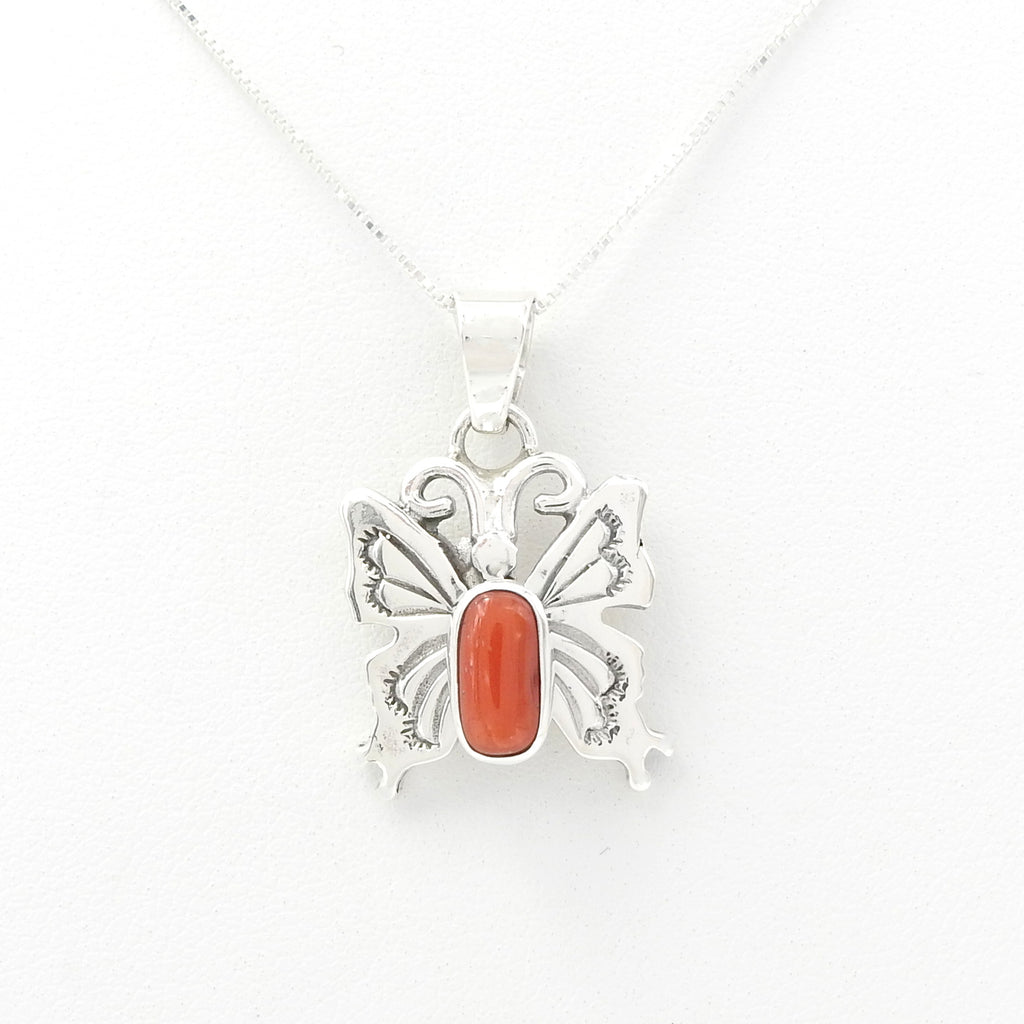 Sterling Silver Butterfly w/ Spiny Oyster Coral Pendant