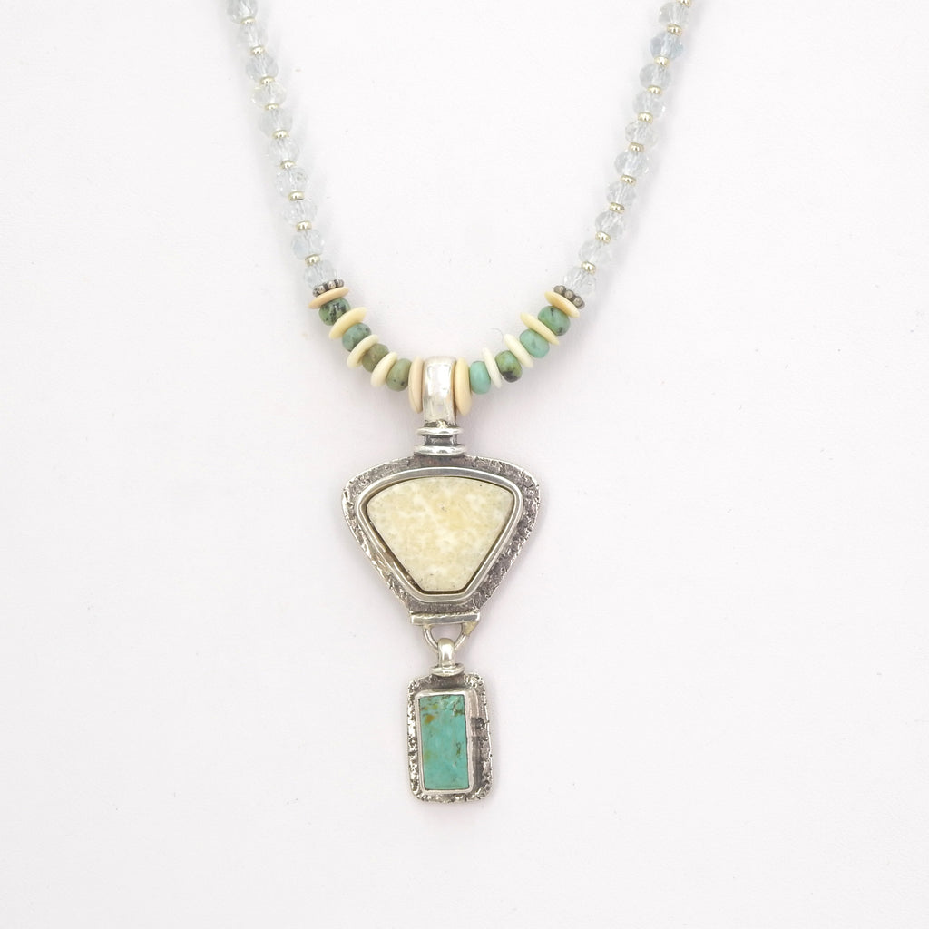 Sterling Silver Turquoise, Fossilized Tusk & Aquamarine Necklace