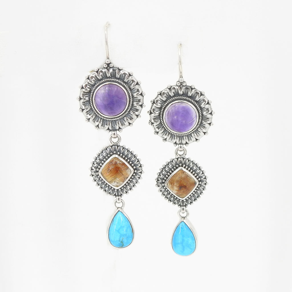 Sterling Silver Amethyst Rutilated Quartz & Turquoise Earrings