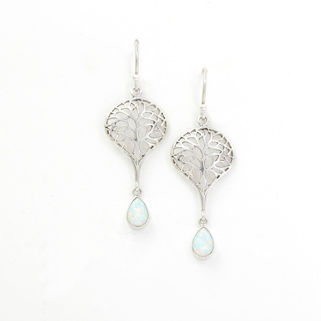 Sterling Silver Tree of Life w/ Created Opal Earrings