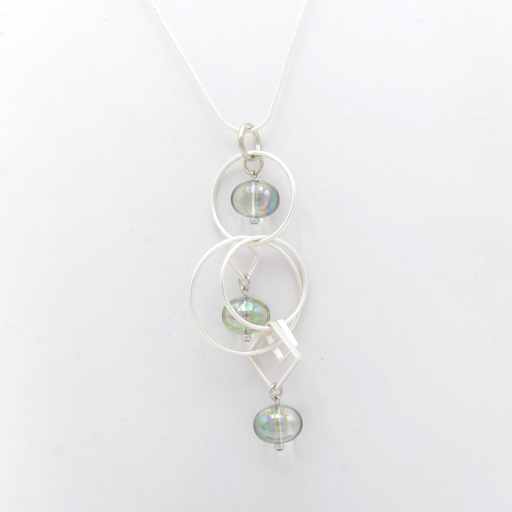 Matte Silver Geometric w/ Aurora Borealis Glass Bead Necklace