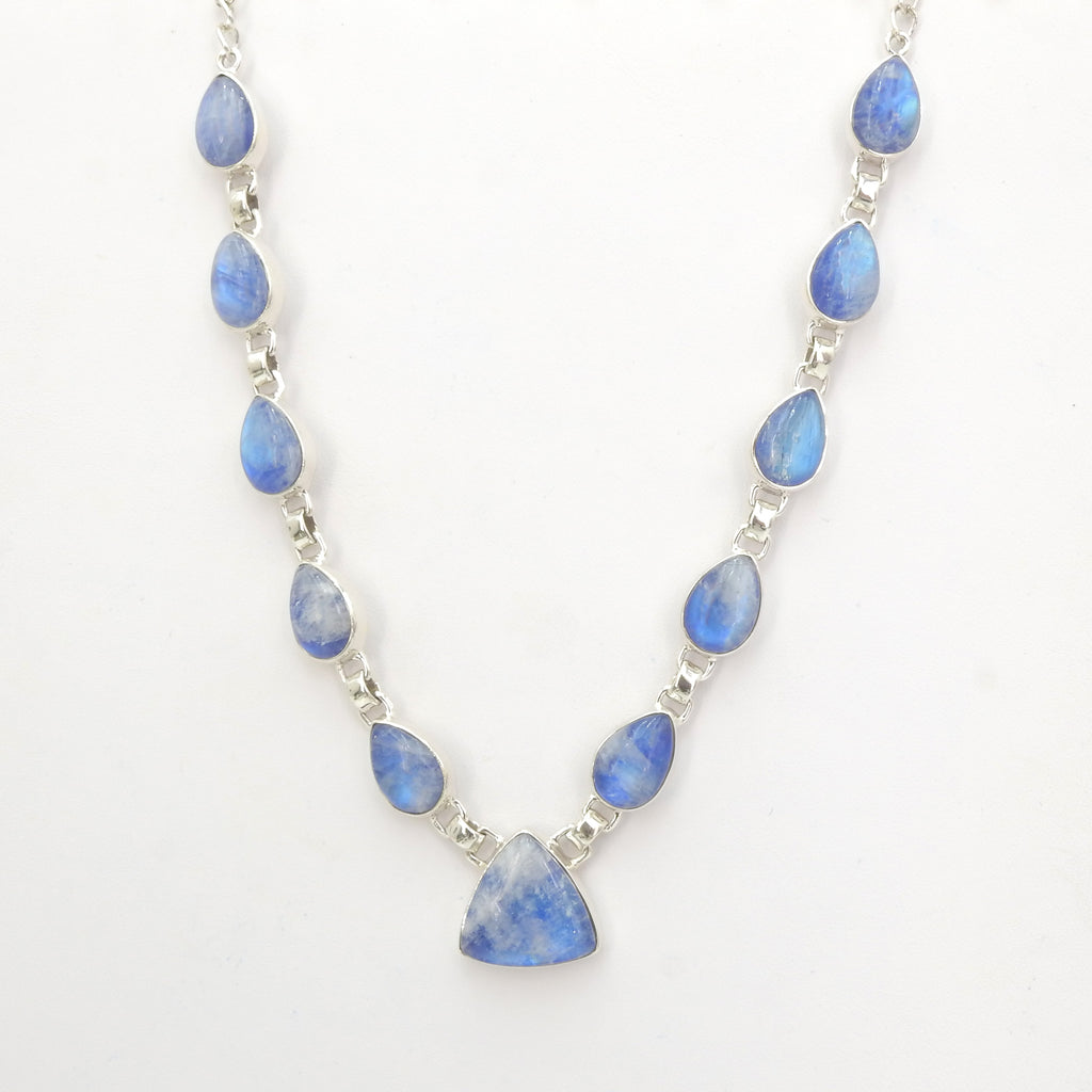 Sterling Silver Blue Rainbow Moonstone Statement Necklace