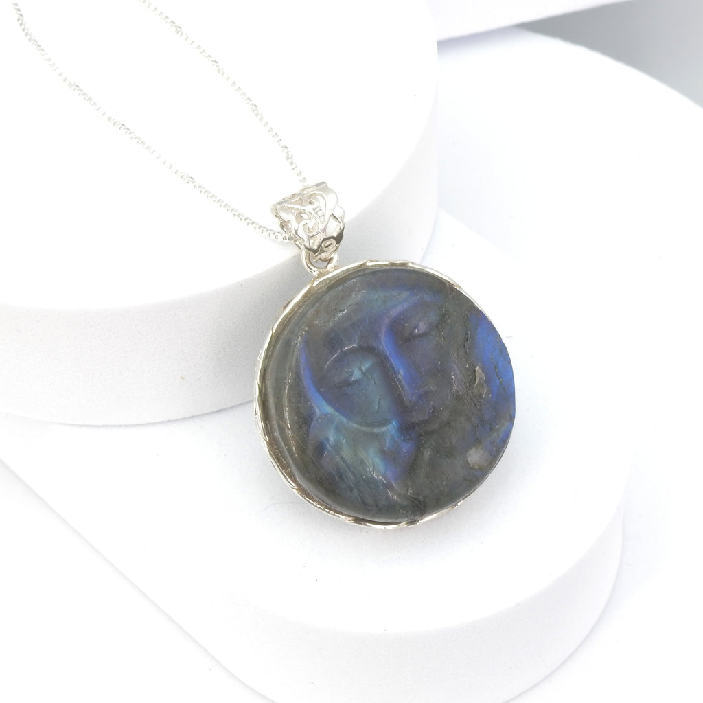 Sterling Silver Carved Labradorite w/ Face & Moon Pendant