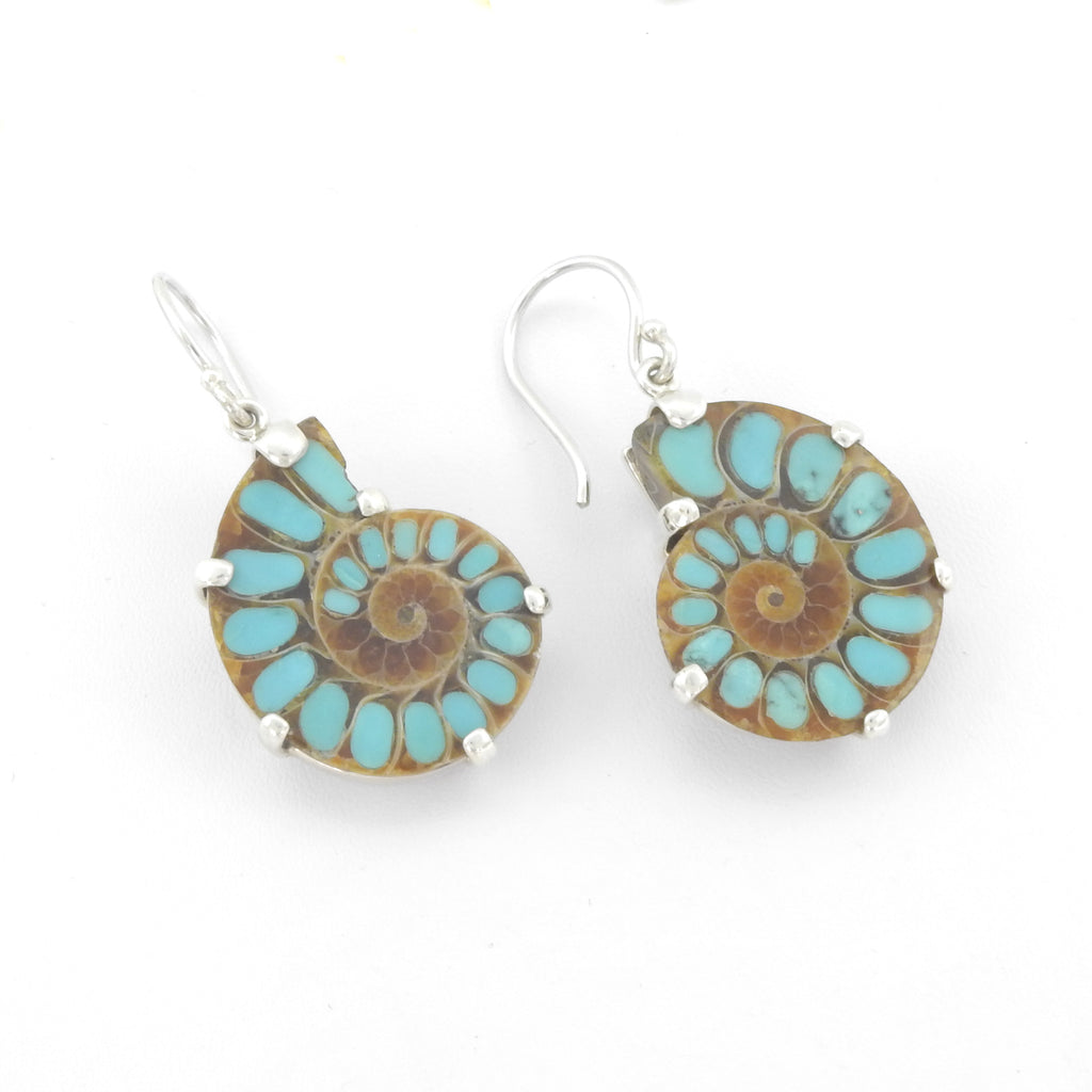 Sterling Silver Ammonite Earrings w/ Turquoise Inlay