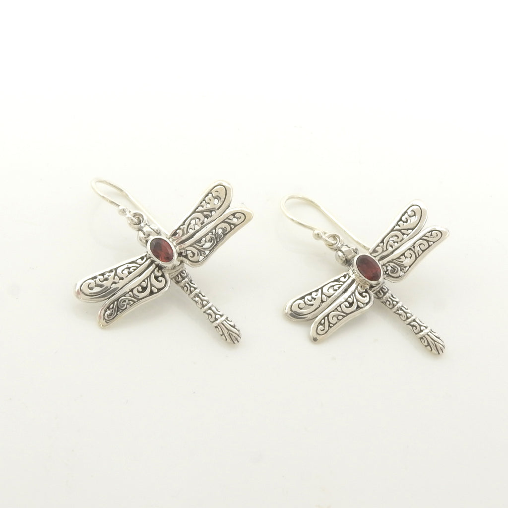 Sterling Silver Filigree & Garnet Dragonfly Earrings
