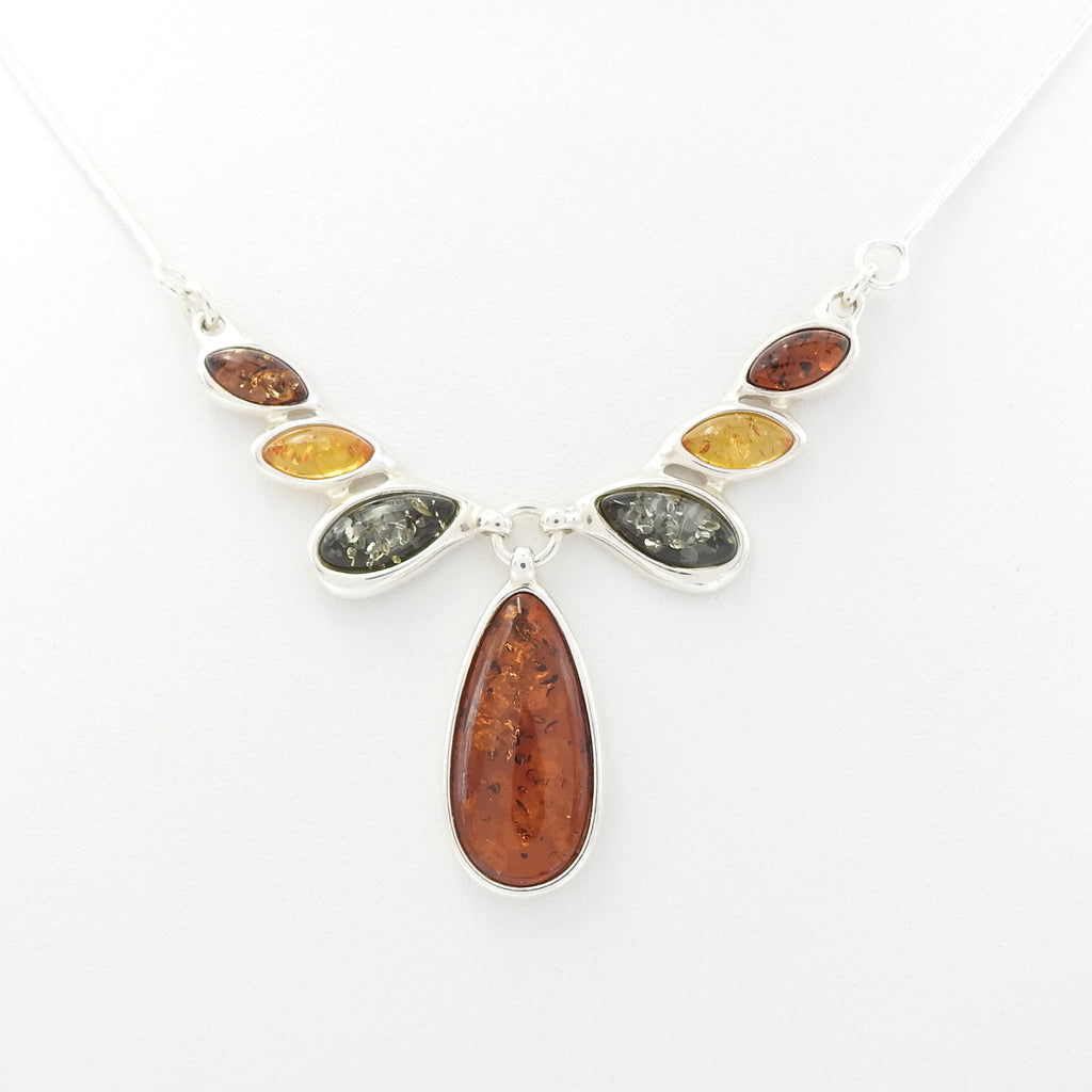 Sterling Silver Mixed Amber Drop Necklace
