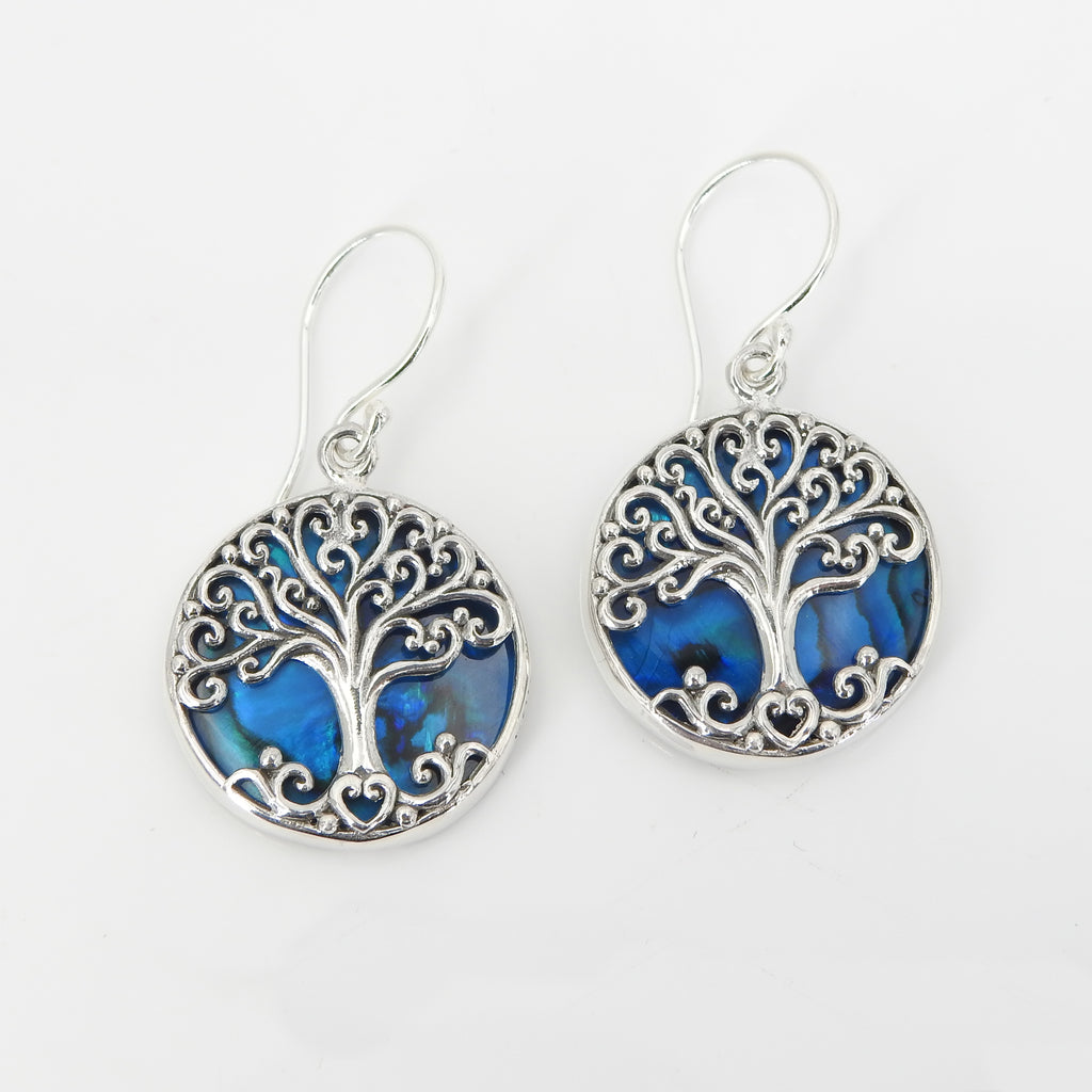 Sterling Silver Tree of Life Blue Abalone Earring