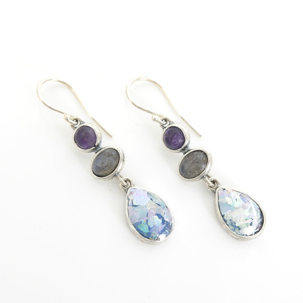 Sterling Silver Roman Glass Earrings w/ Iolite & Moonstone