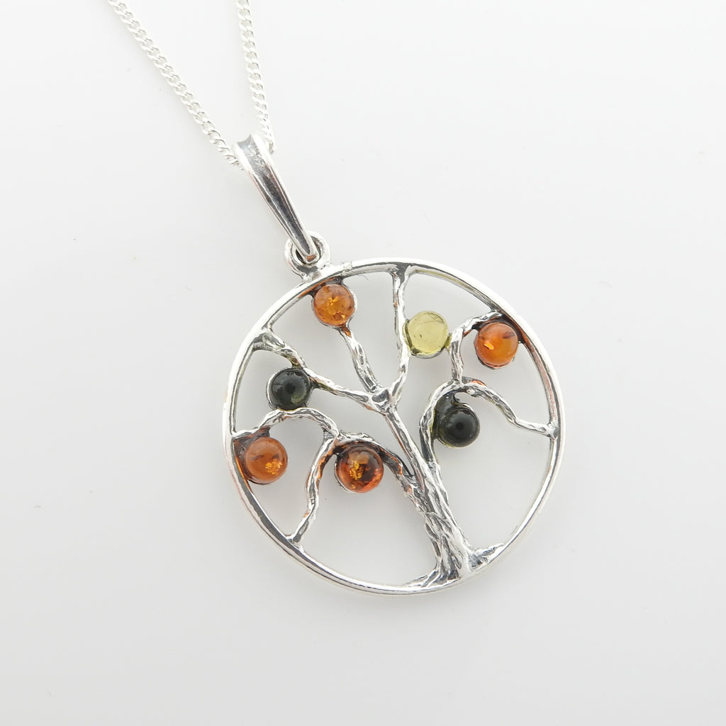Sterling Silver Multi Color Amber Tree of Life Pendant