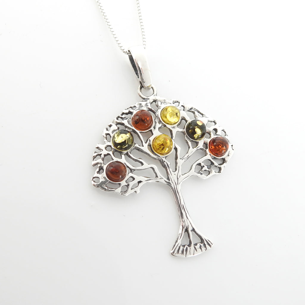 Sterling Silver Multi Color Amber Tree of Life Pendant