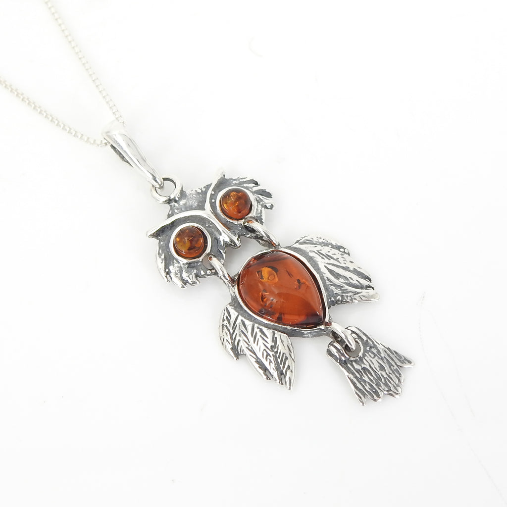 Sterling Silver Owl Amber Pendant