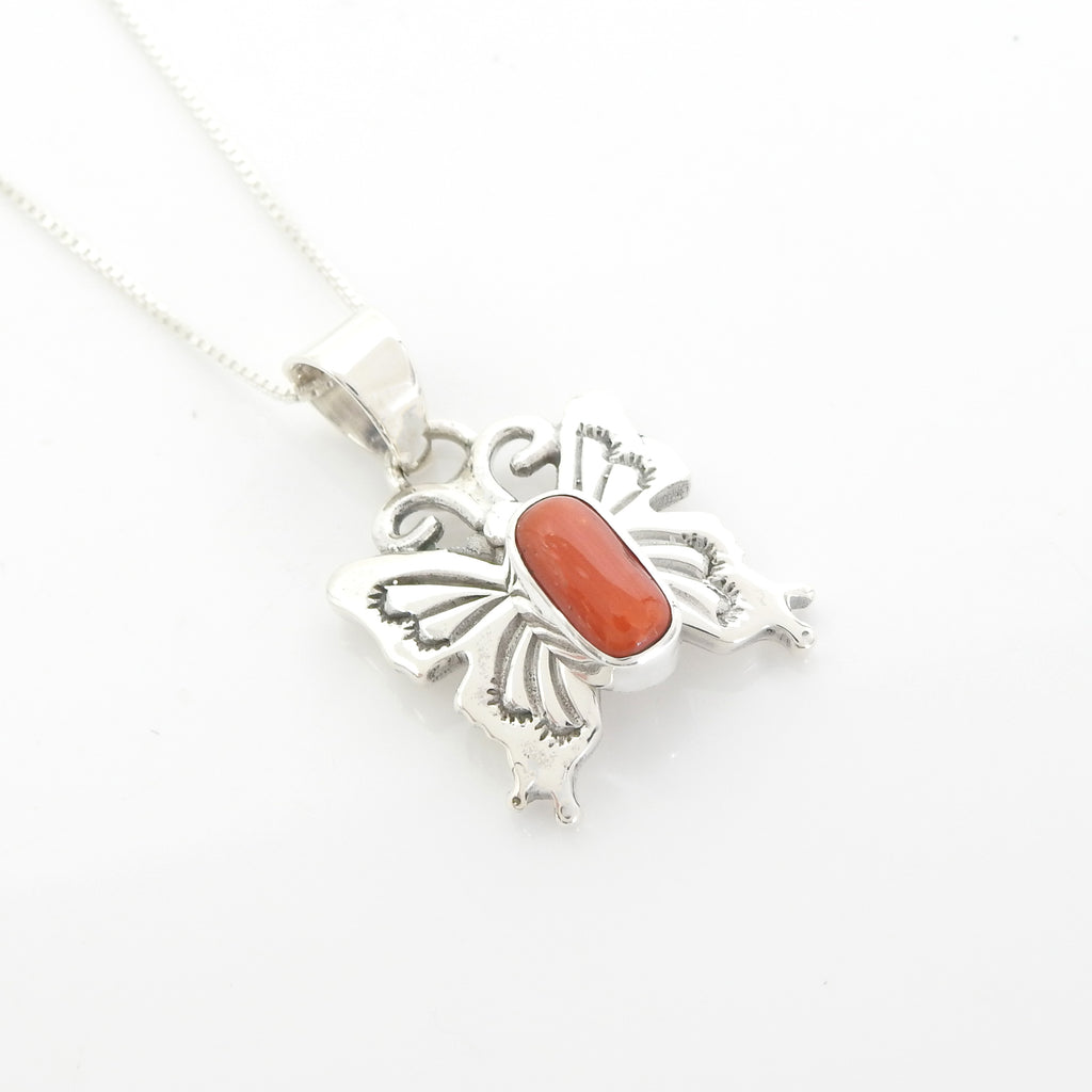 Sterling Silver Butterfly w/ Spiny Oyster Coral Pendant