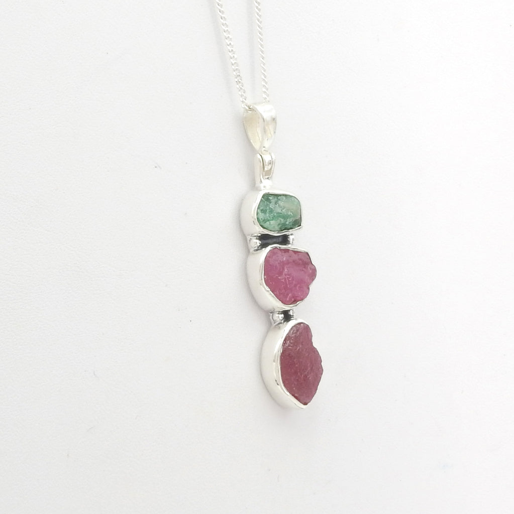 Sterling Silver Rough Emerald & Ruby Pendant