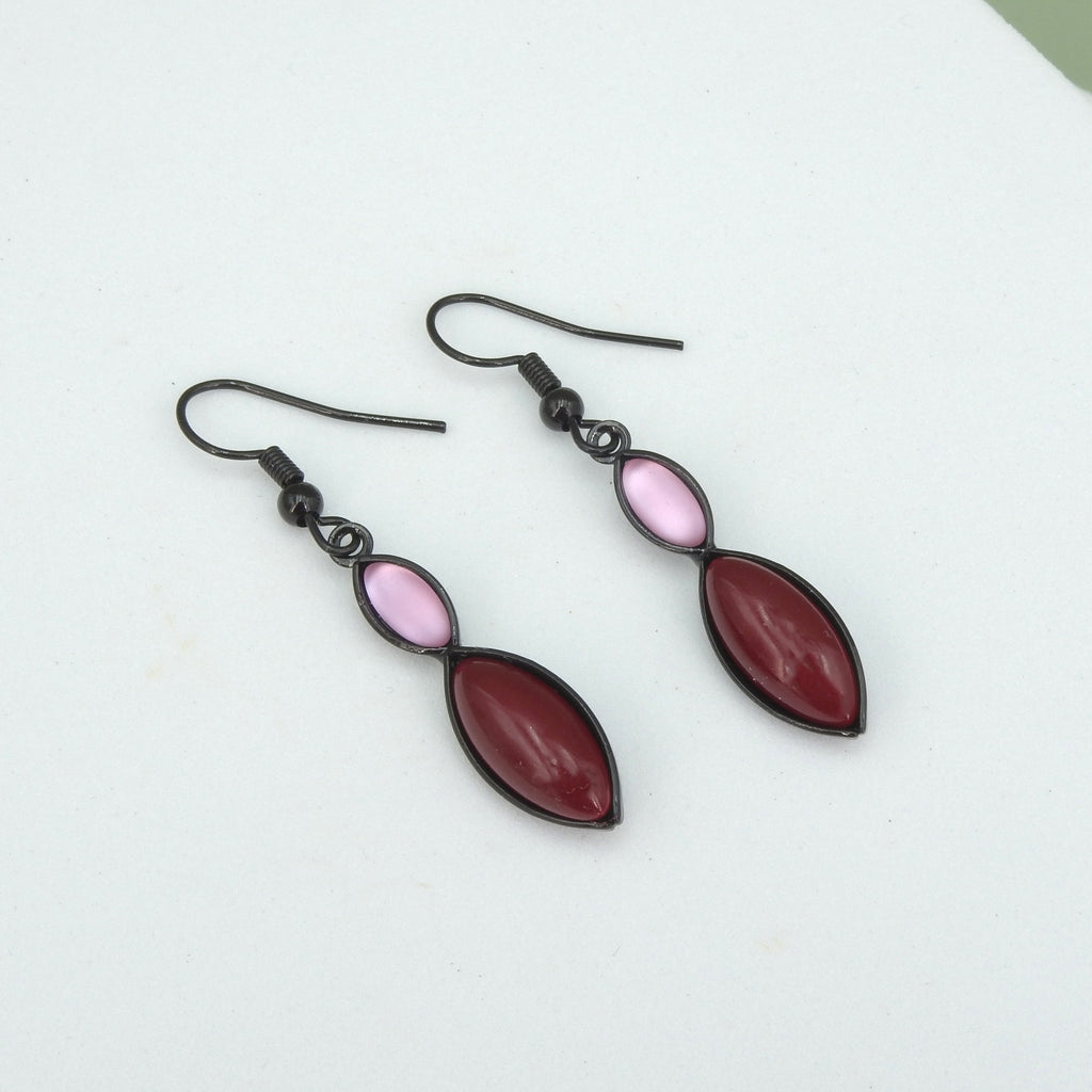 Czech Glass Rose & Burgundy Double Leaf Earrings