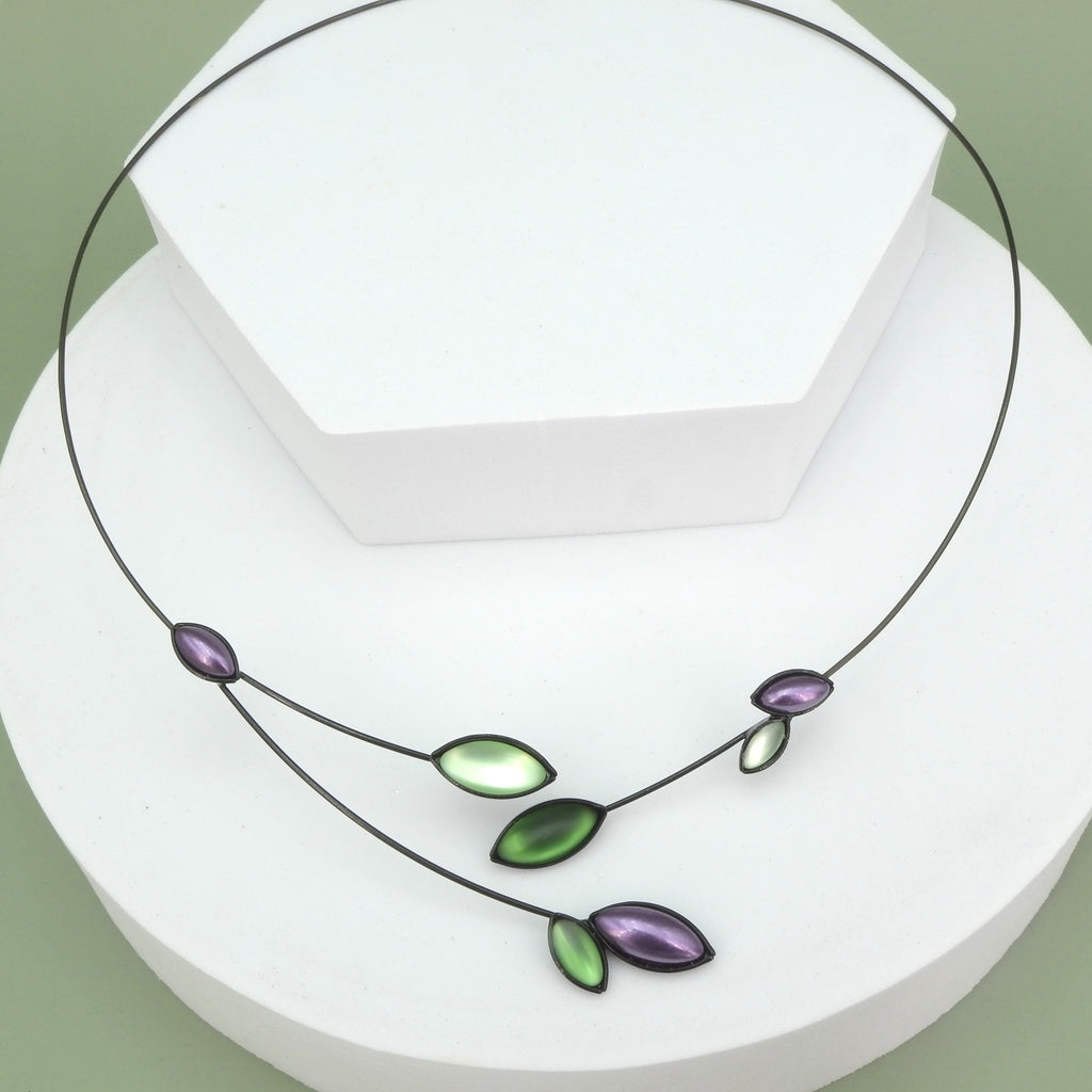 Memory Wire Leaves and Branches Green & Purple Necklace