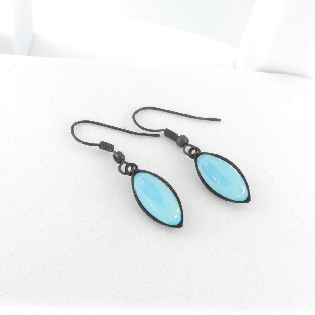 Single Leaf Iridescent Turquoise Black Wire Earrings