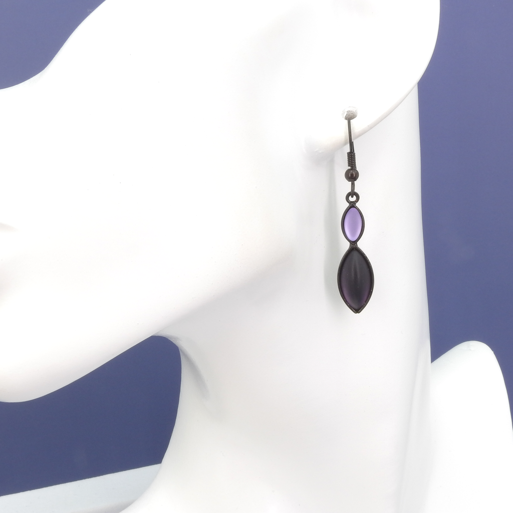 Double Leaf Purple Glass & Black Wire Earrings