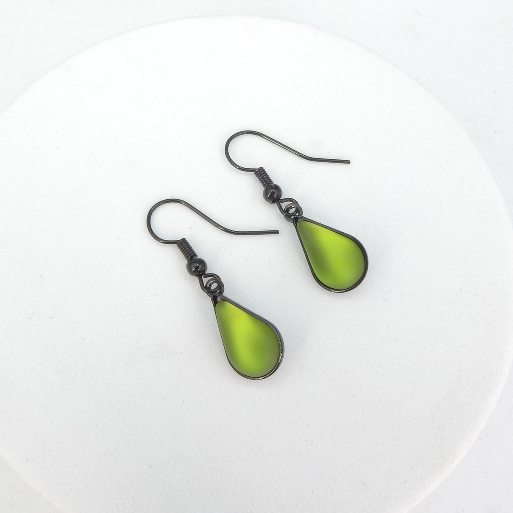Green Teardrop Glass & Black Wire Earrings