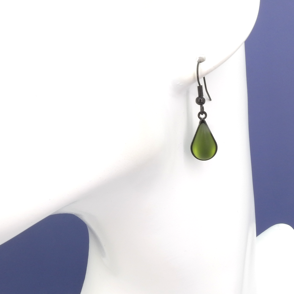 Green Teardrop Glass & Black Wire Earrings