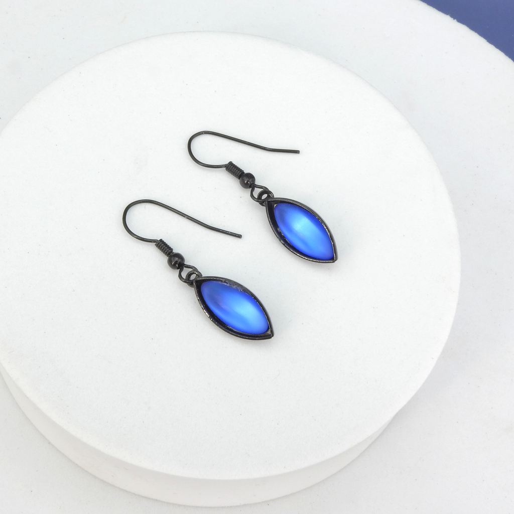 Single Leaf Iridescent Blue Glass & Black Wire Earrings