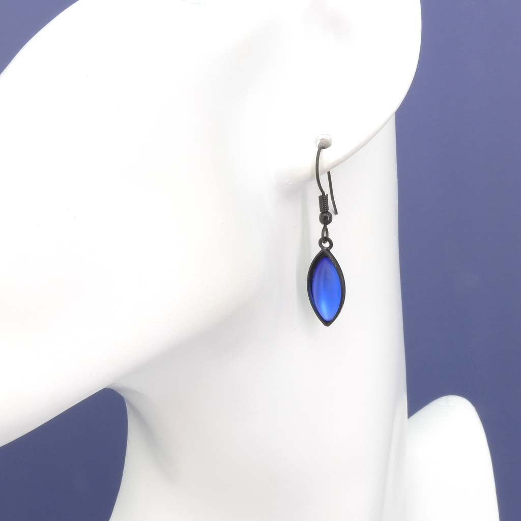 Single Leaf Iridescent Blue Glass & Black Wire Earrings