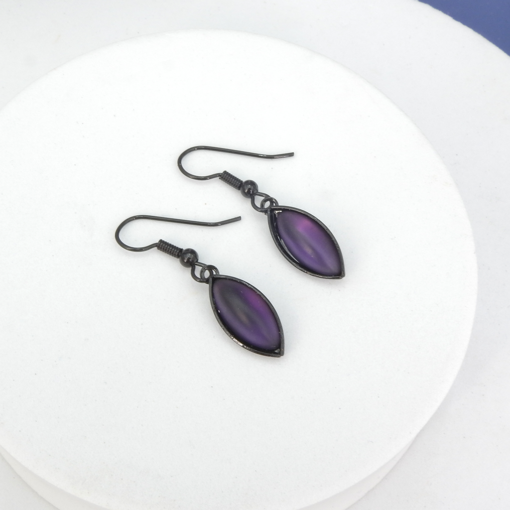 Single Leaf Iridescent Purple Glass & Black Wire Earrings