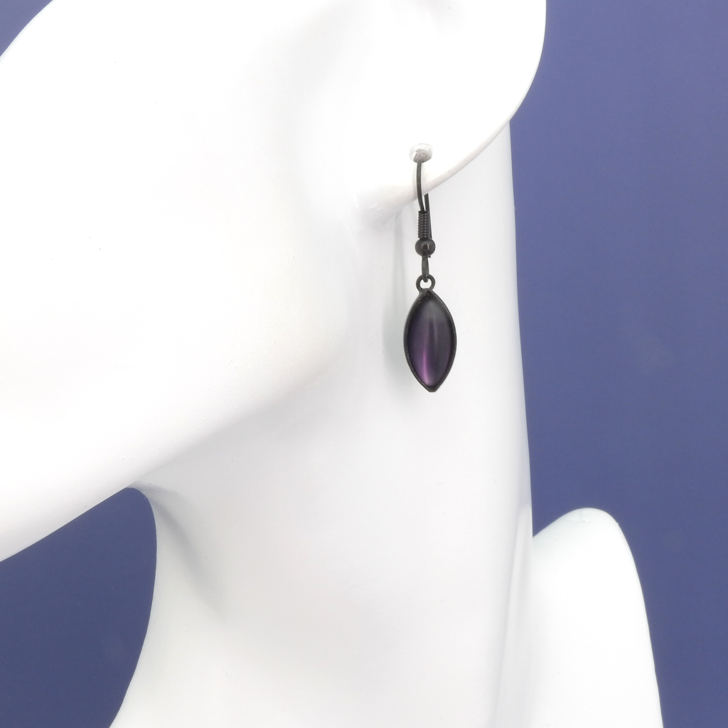 Single Leaf Iridescent Purple Glass & Black Wire Earrings