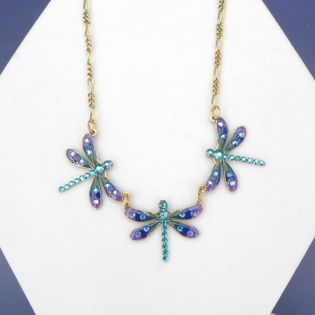 Triple Crystal & Enamel Dragonfly Necklace