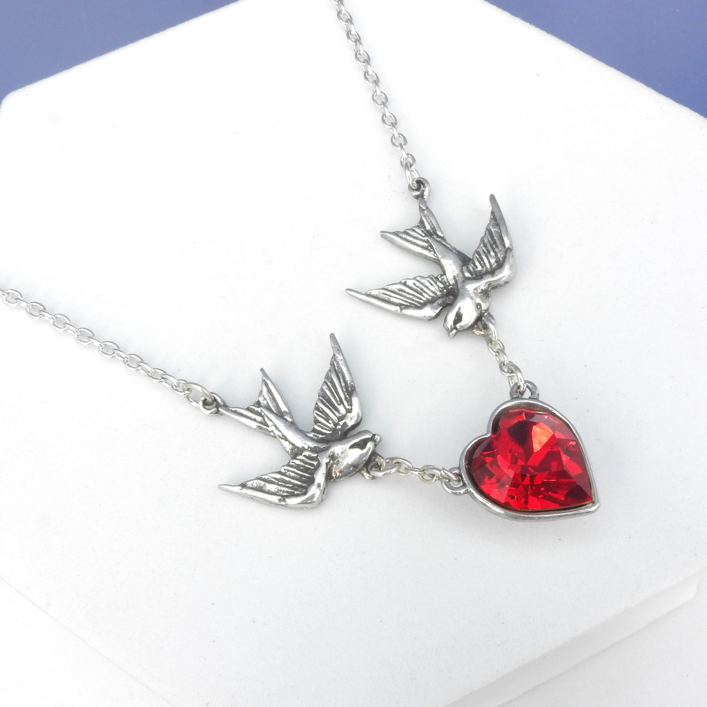 Swallow Red Heart Pewter Necklace