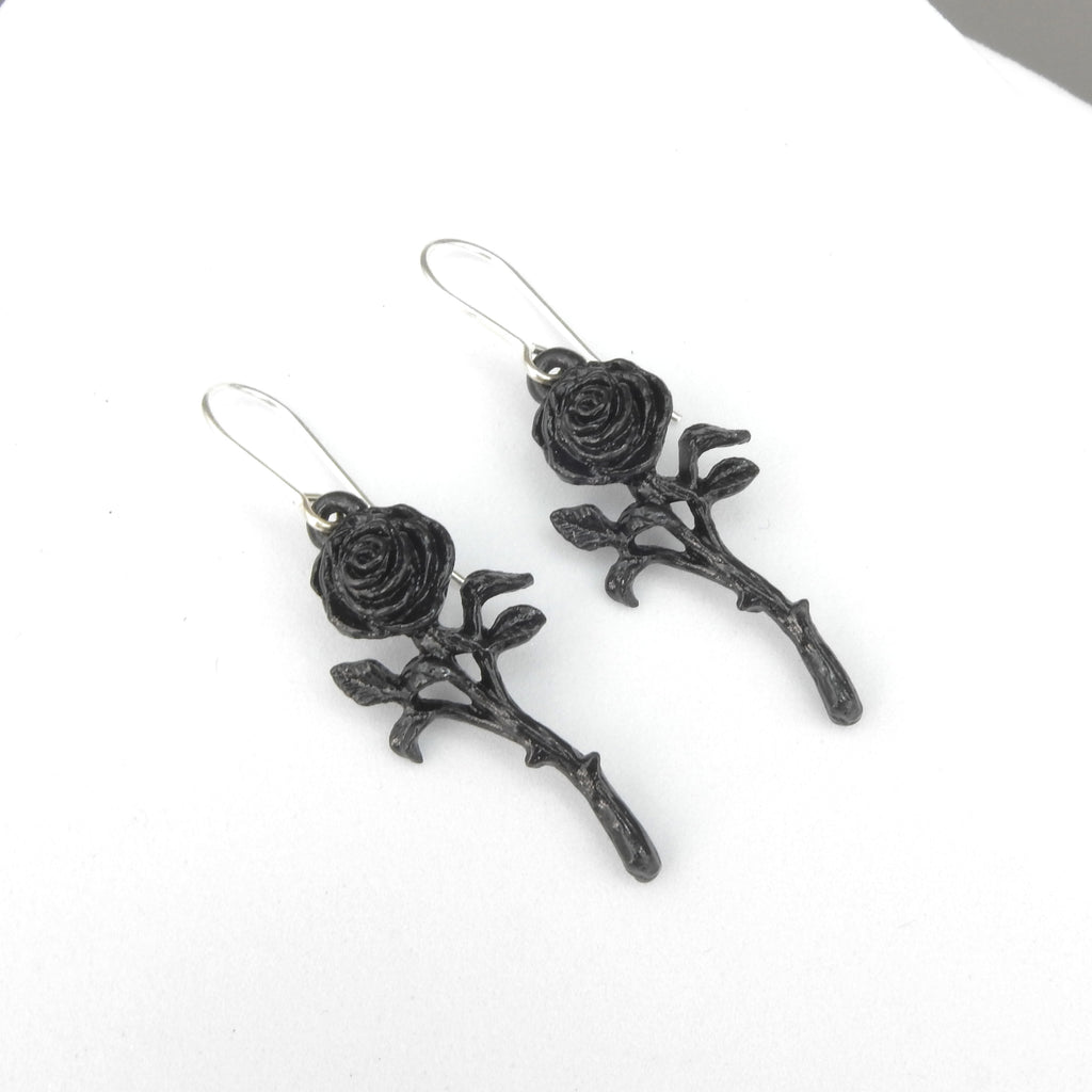 English Pewter Black Rose Dangle Earrings