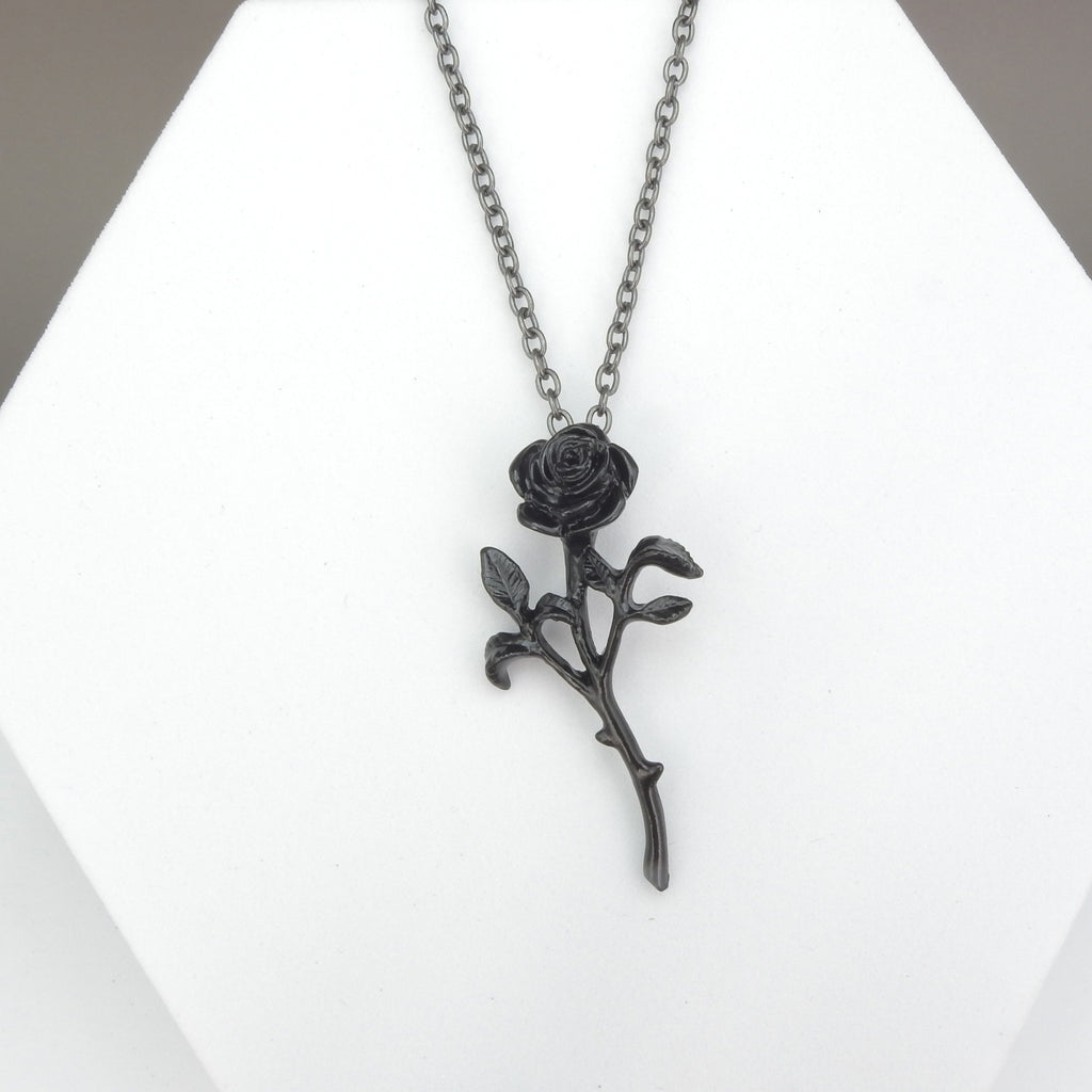 English Pewter Black Rose Necklace