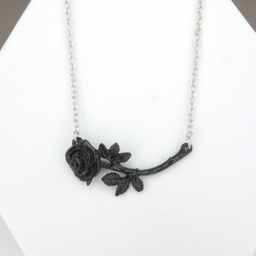 English Pewter Black Rose Necklace