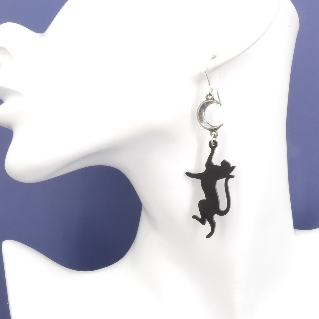 English Pewter Black & Black Cat Single Dangle Earrings