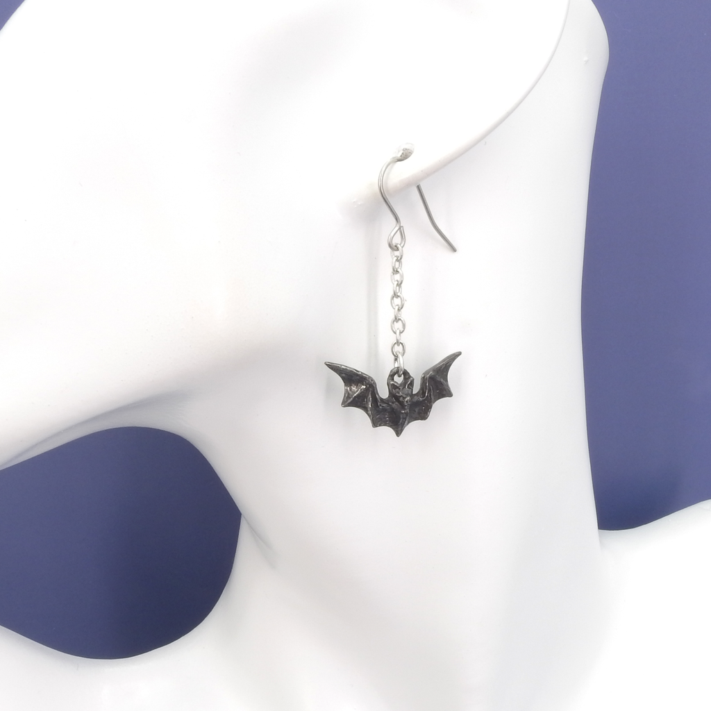 English Pewter Bat & Moon Dangle Earrings