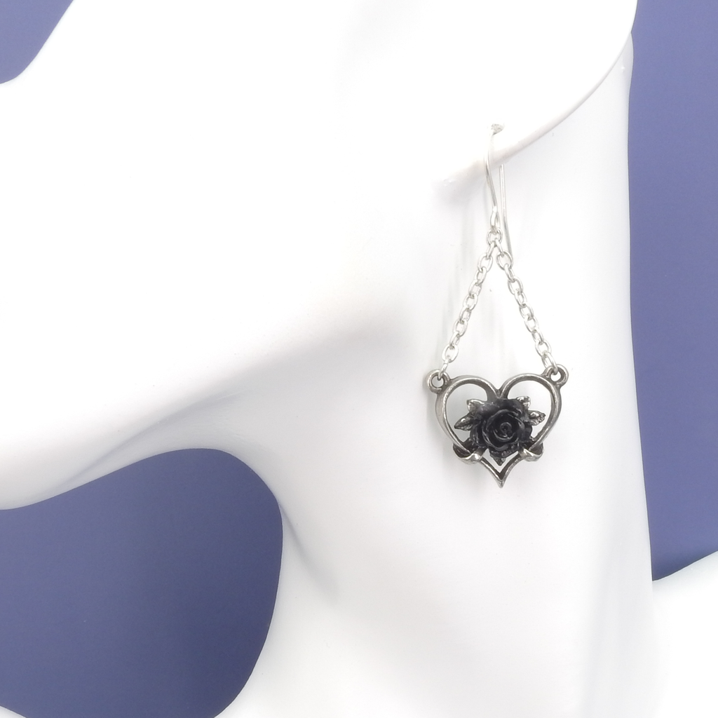 English Pewter Heart & Black Rose Earrings