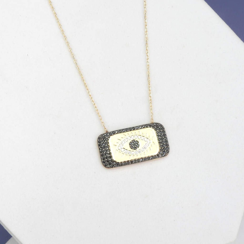Sterling Silver Gold Vermeil Black Crystal Evil Eye Necklace
