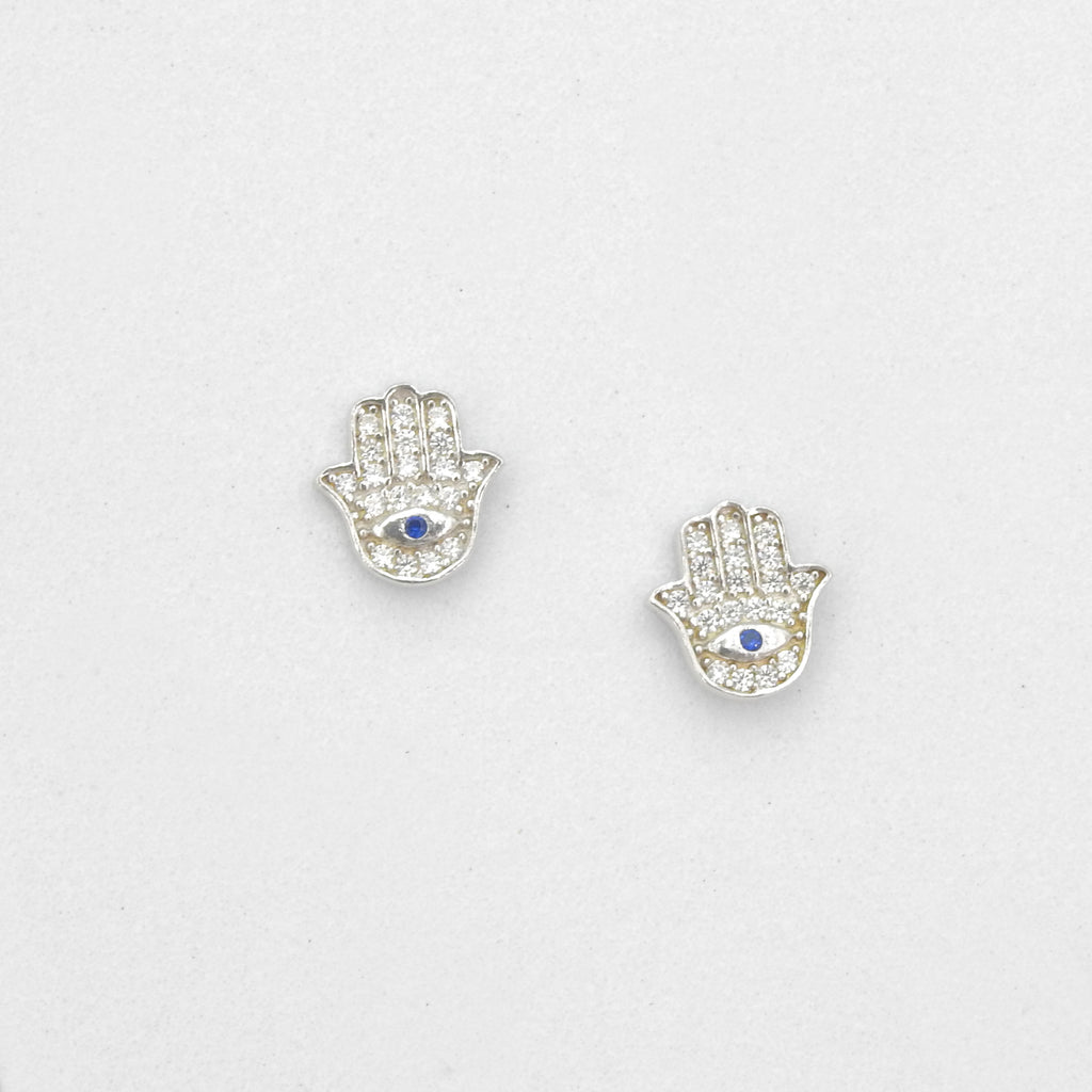 Sterling Silver CZ Hamsa Stud Earrings