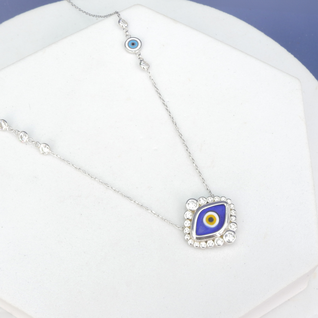 Sterling Silver CZ & Enamel Evil Eye Necklace