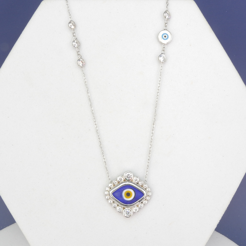 Sterling Silver CZ & Enamel Evil Eye Necklace