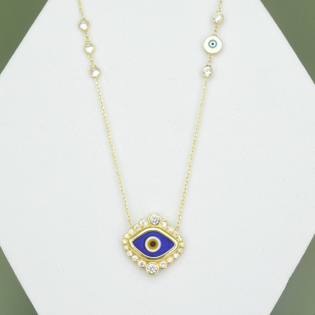 Sterling Silver Gold Vermeil CZ & Enamel Evil Eye Necklace