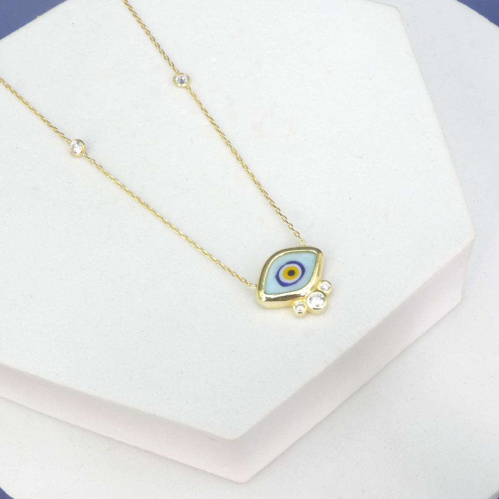 Sterling Silver Gold Vermeil Ceramic & CZ Evil Eye Necklace