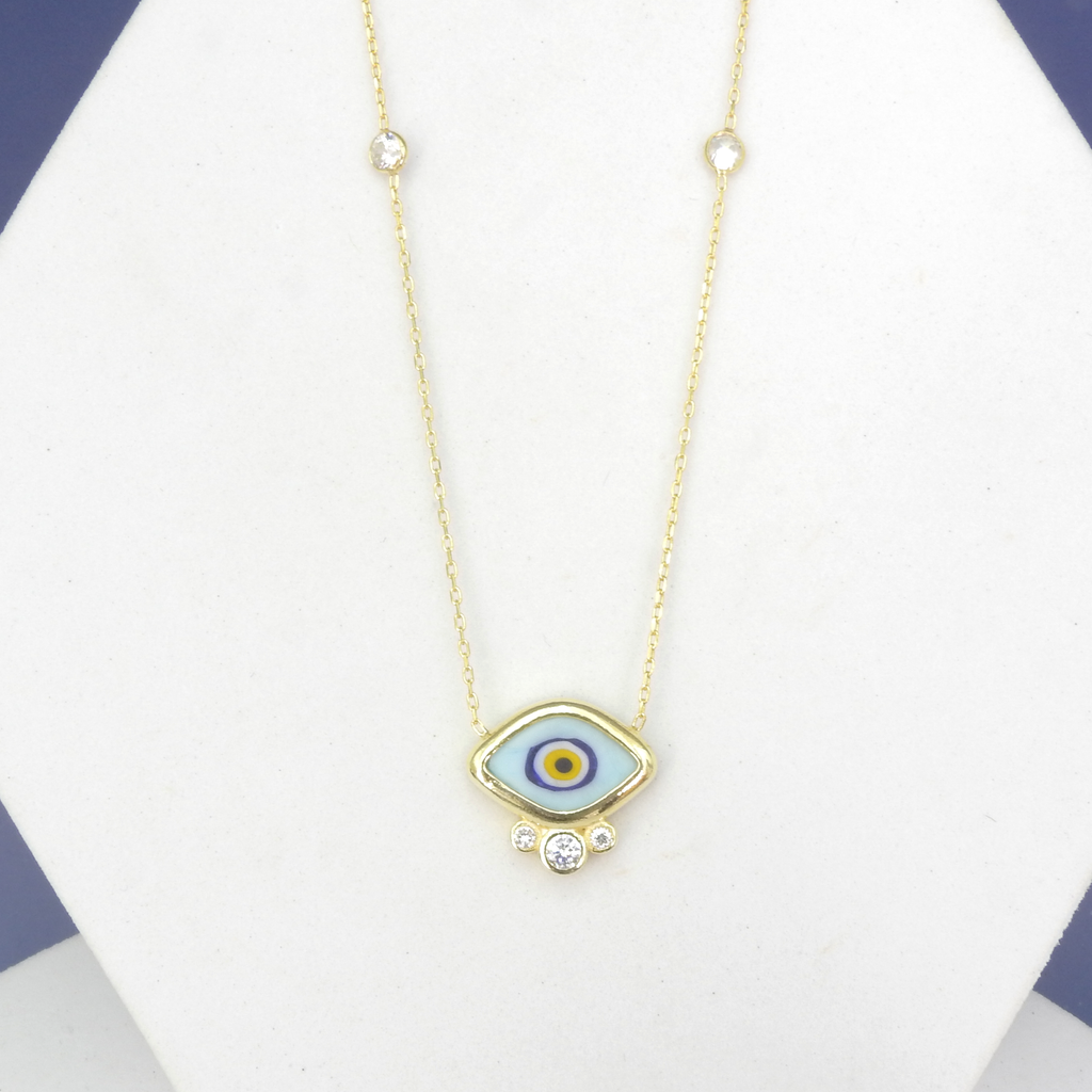 Sterling Silver Gold Vermeil Ceramic & CZ Evil Eye Necklace