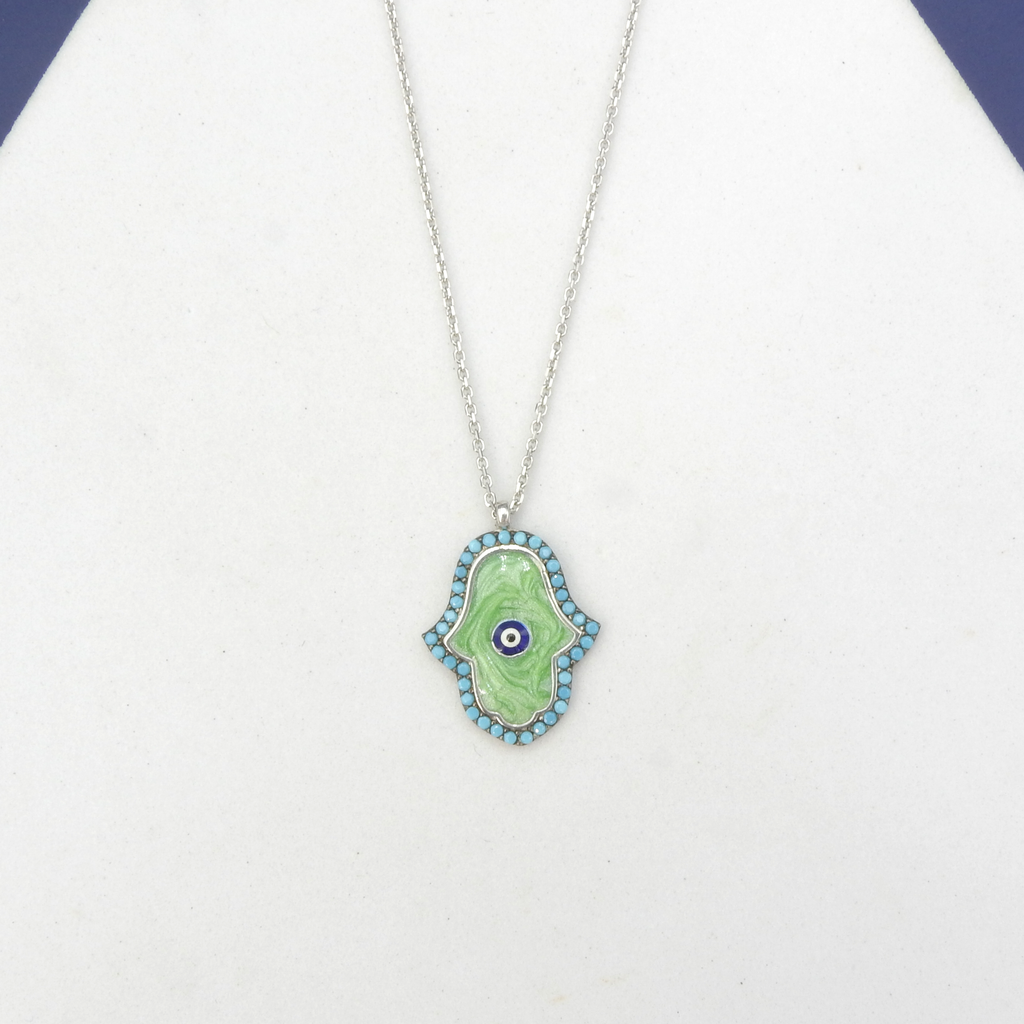 Sterling Silver Enamel & Crystal Hamsa Necklace