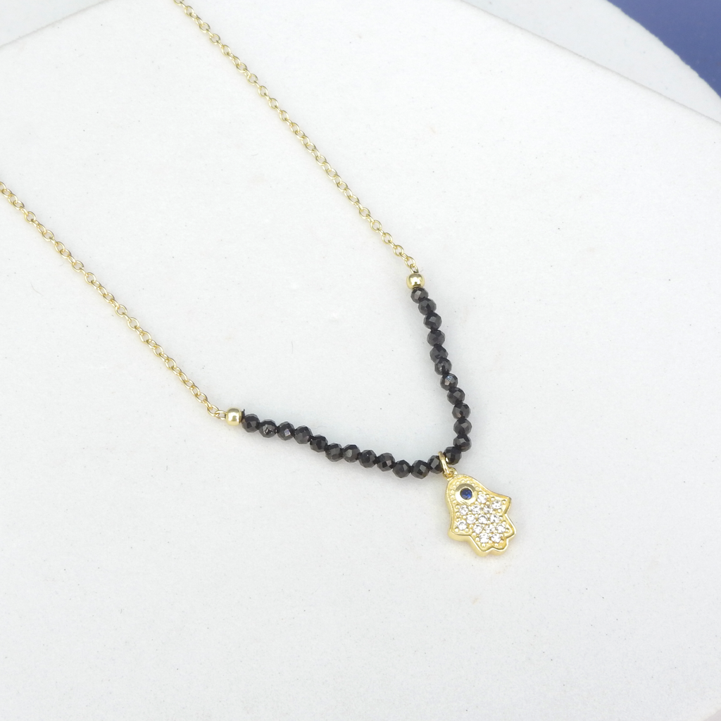 Sterling Silver Gold Vermeil Bead & CZ Hamsa Necklace