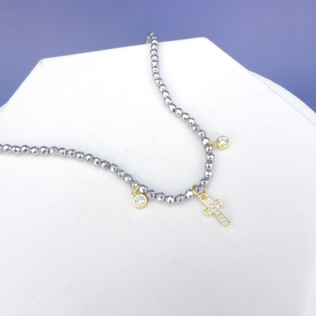 Sterling Silver Gold Vermeil Hematitie Beaded Cross CZ Necklace