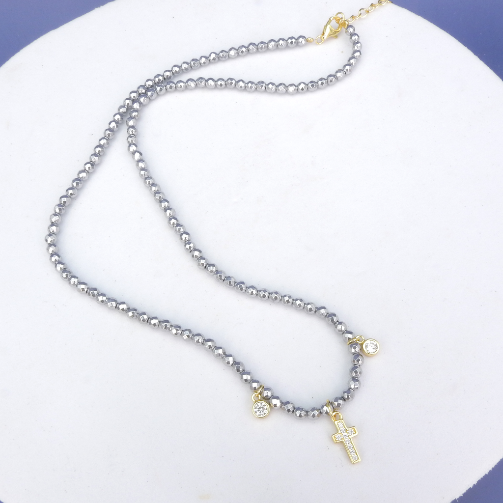 Sterling Silver Gold Vermeil Hematitie Beaded Cross CZ Necklace