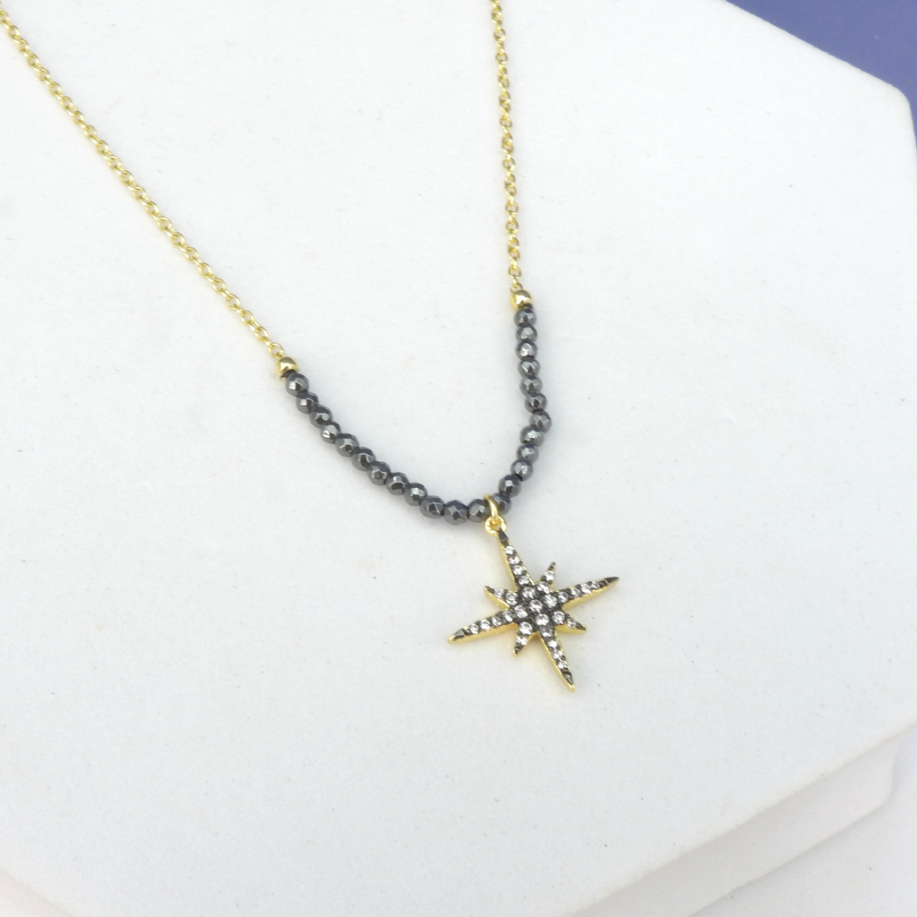 Sterling Silver Gold Vermeil CZ Star Hematite Beaded Necklace