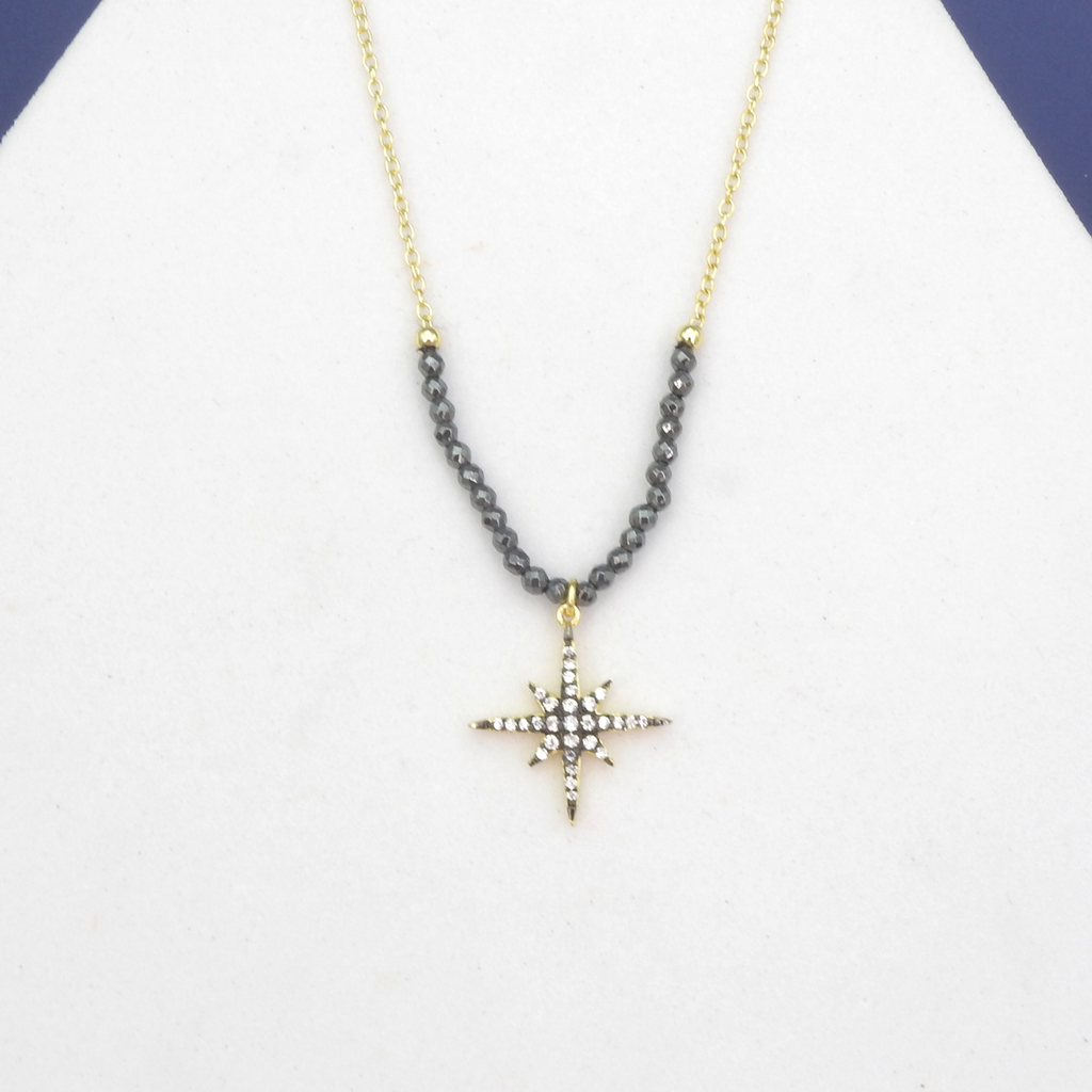 Sterling Silver Gold Vermeil CZ Star Hematite Beaded Necklace